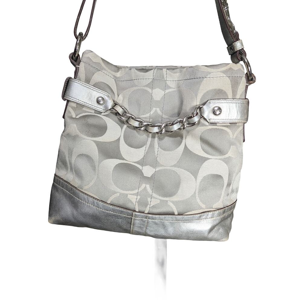 Coach Signature Canvas Shoulder Tote Silver Leather Accent